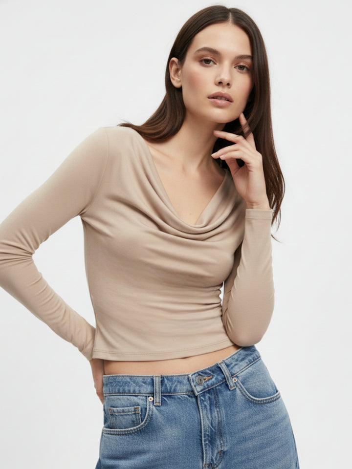 Beige Cowl Neck Fitted Top