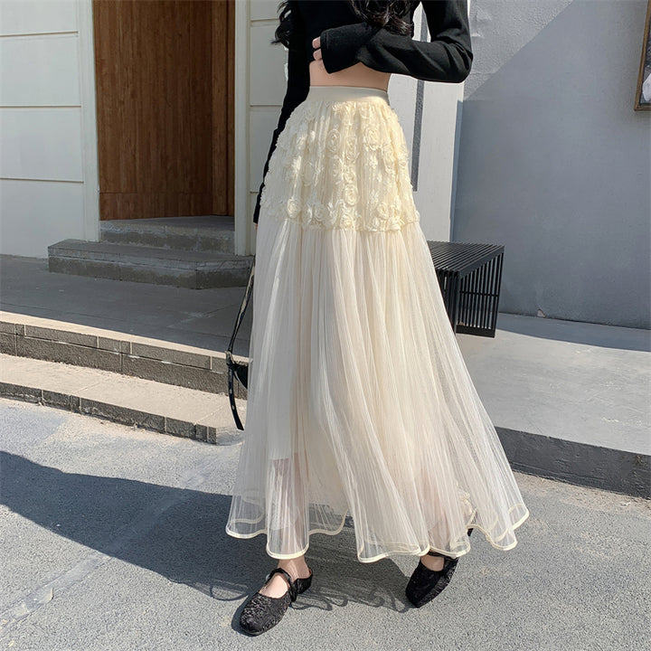 Cream Rosette Detailed Half And Half Pleated Skirt
