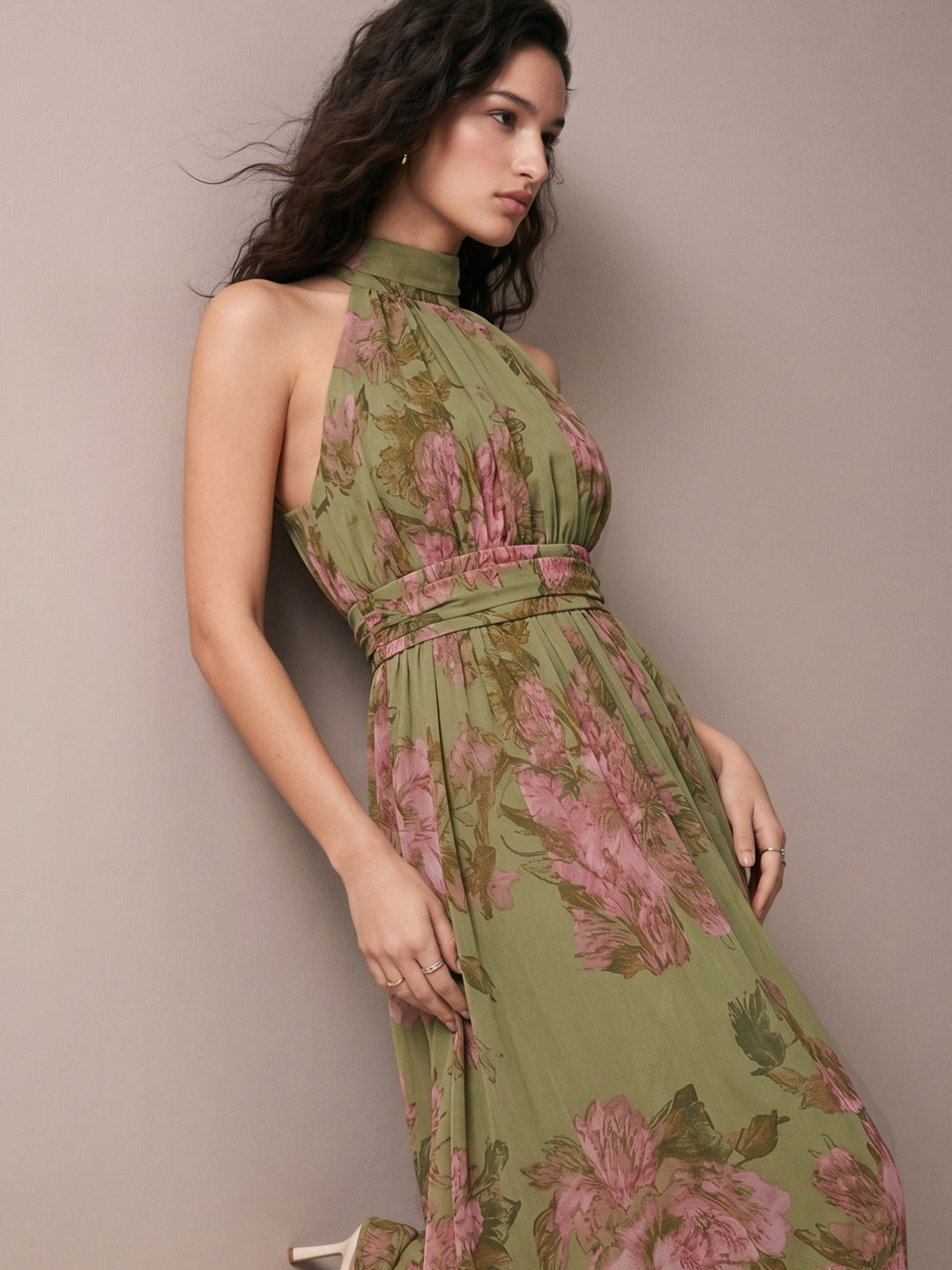 Green Halter Neck Printed Dress With Cinched Waist