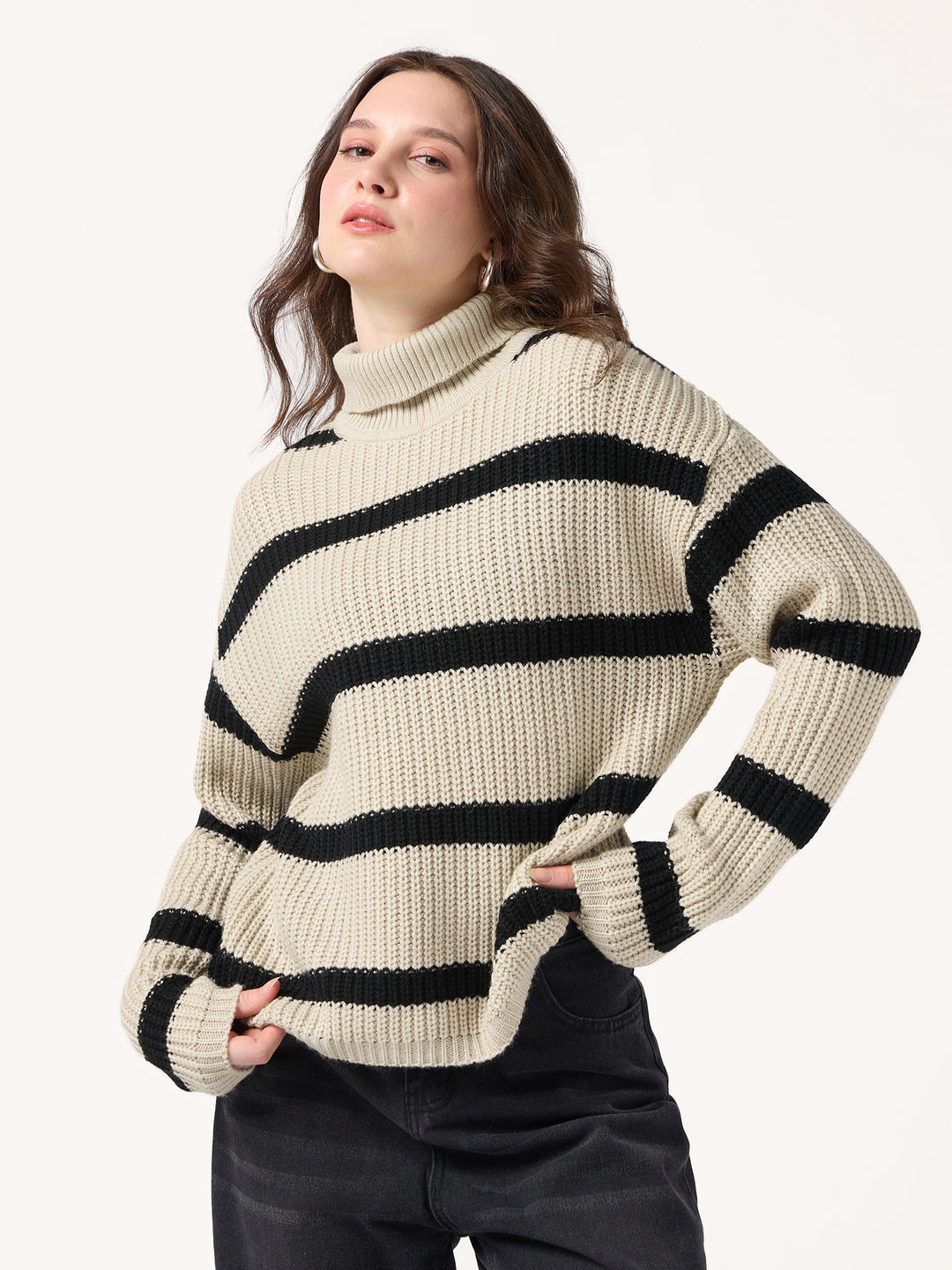Beige High Neck Striper Sweater