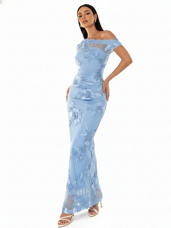 Blue One Shoulder Textured Dress