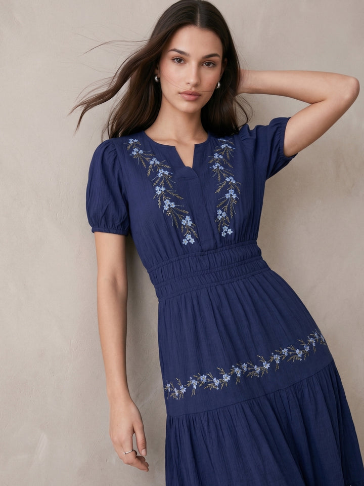 Navy Blue Embroidered V-Neck Short Sleeves Dress