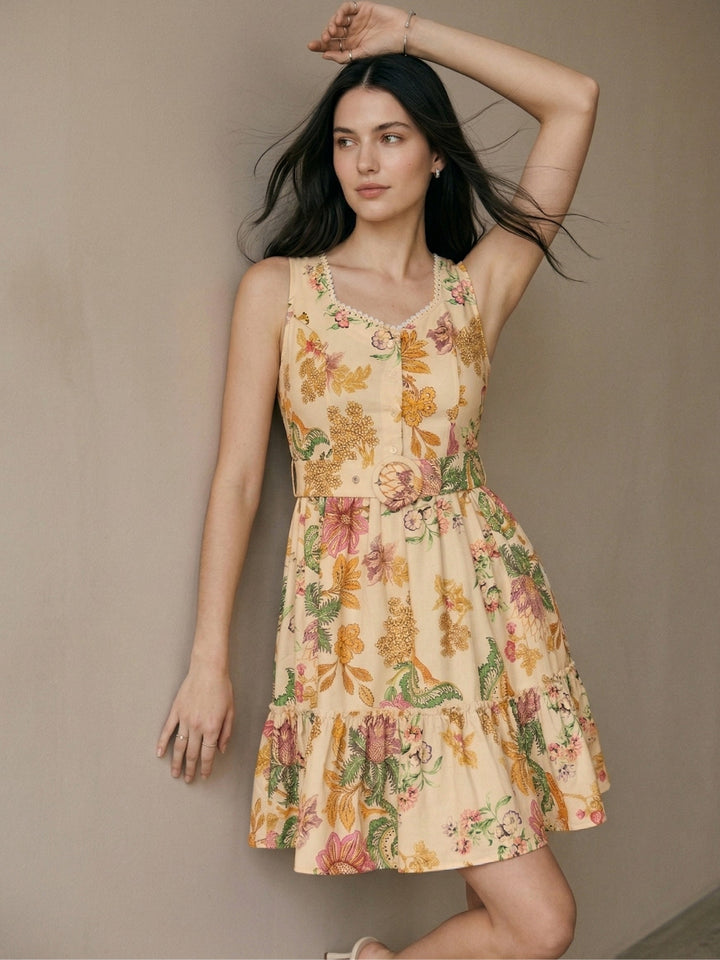 Multi Printed Tiered Lace Dress With Belt