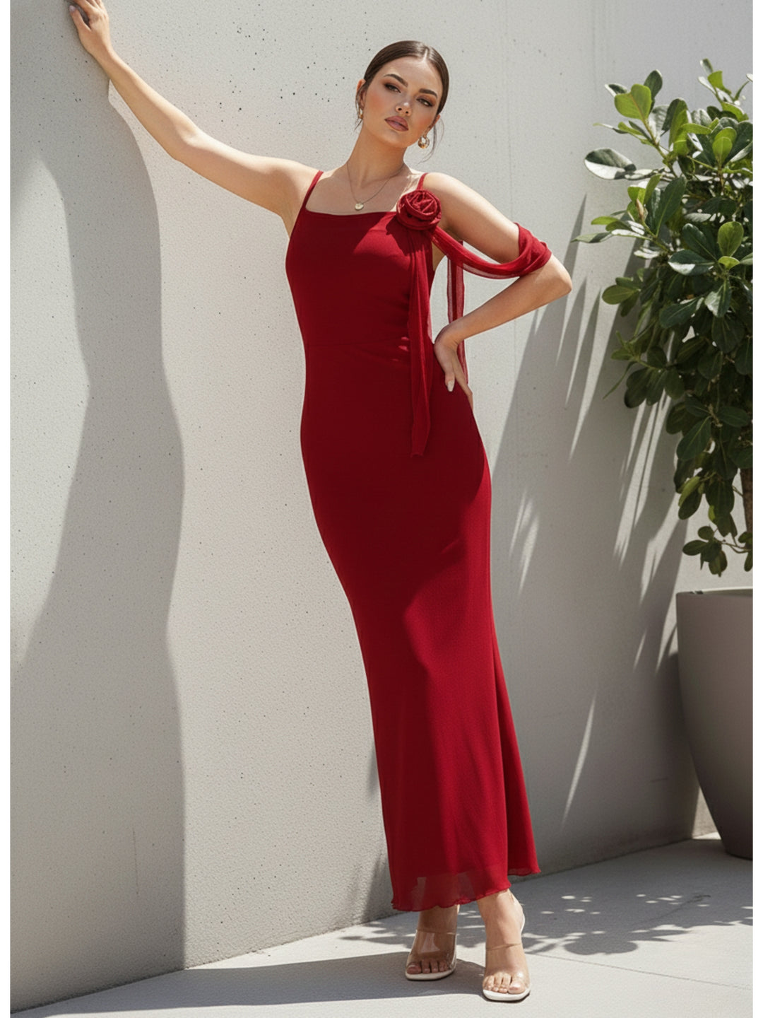 Red Spaghetti Strap Flower Detail Dress
