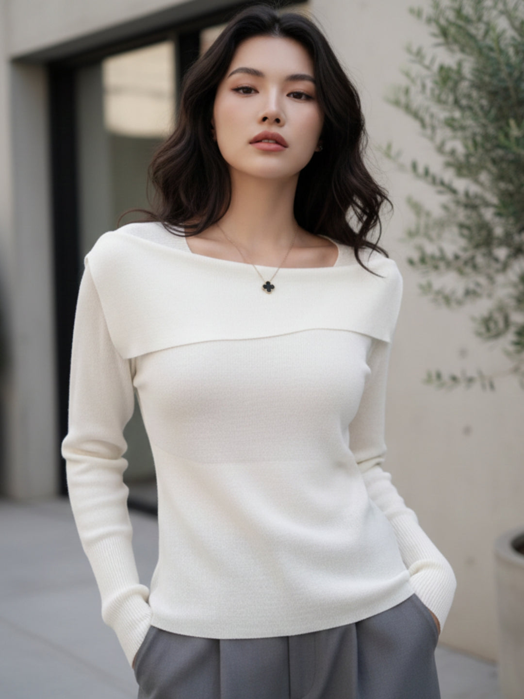 Off White Full Sleeve Round Neck Neck Wrap Top