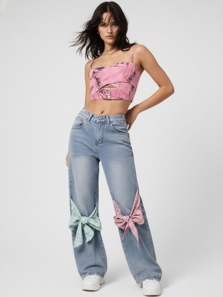 Blue 2 Contrast Bows Wide Leg Denim