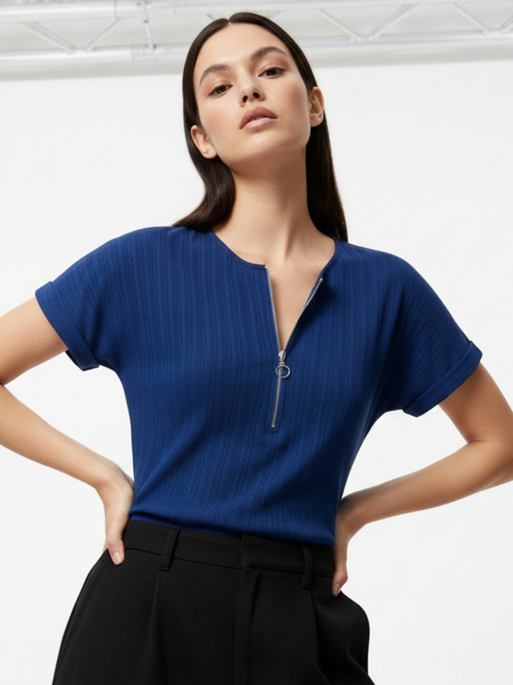 Blue Extended Shoulder Top With Front Zipper Detail