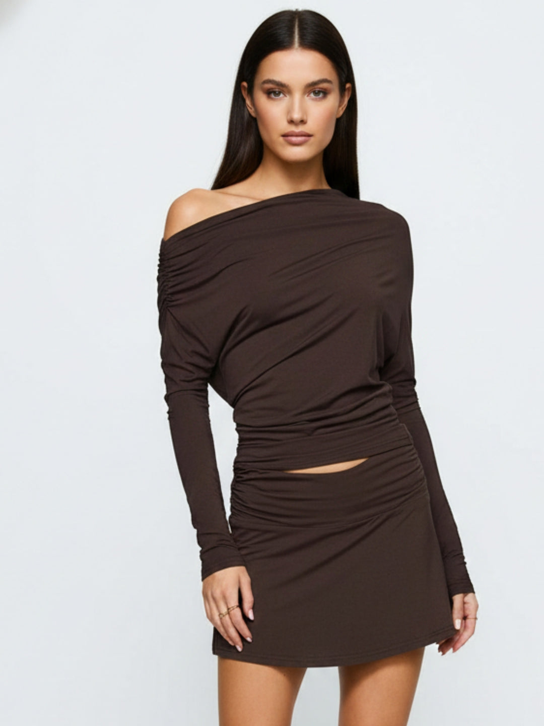 Brown Full Sleeve Top And Skirt Set