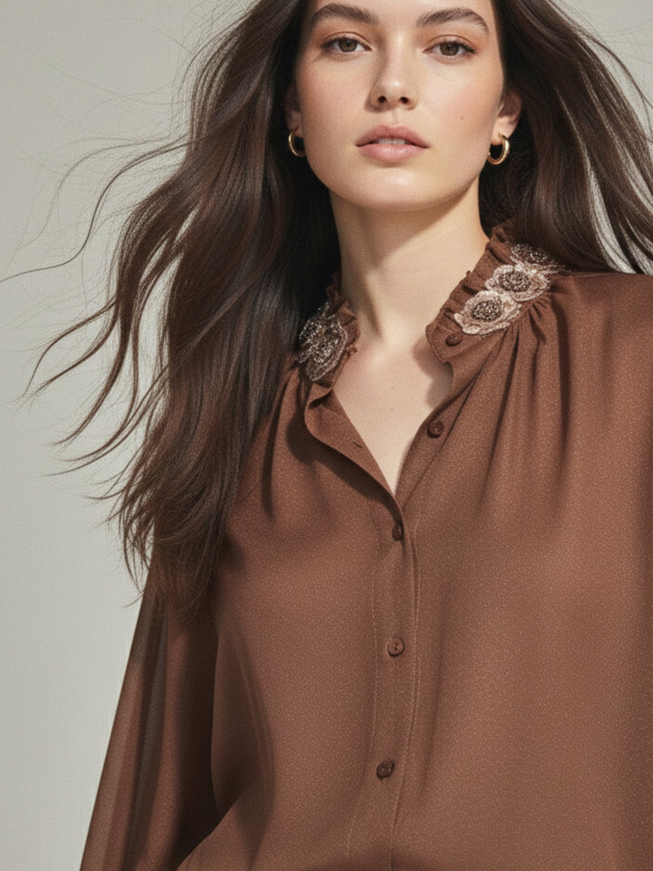 Brown Partywear Embellished Floral Applique Shirt