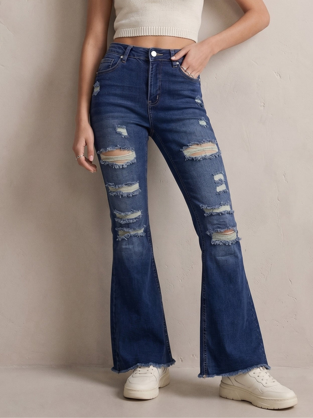 Navy Blue Mid Rise Distressed Jeans
