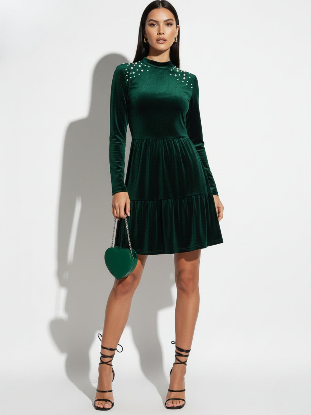 Dark Green High Neck Studded Evening Dress