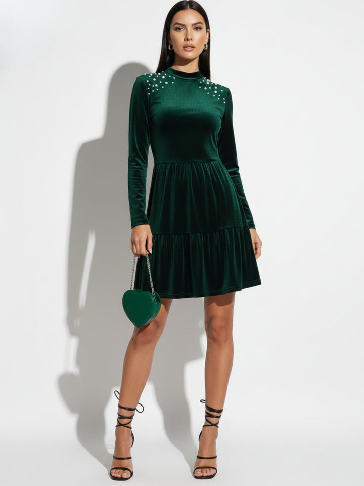 Dark Green High Neck Studded Evening Dress