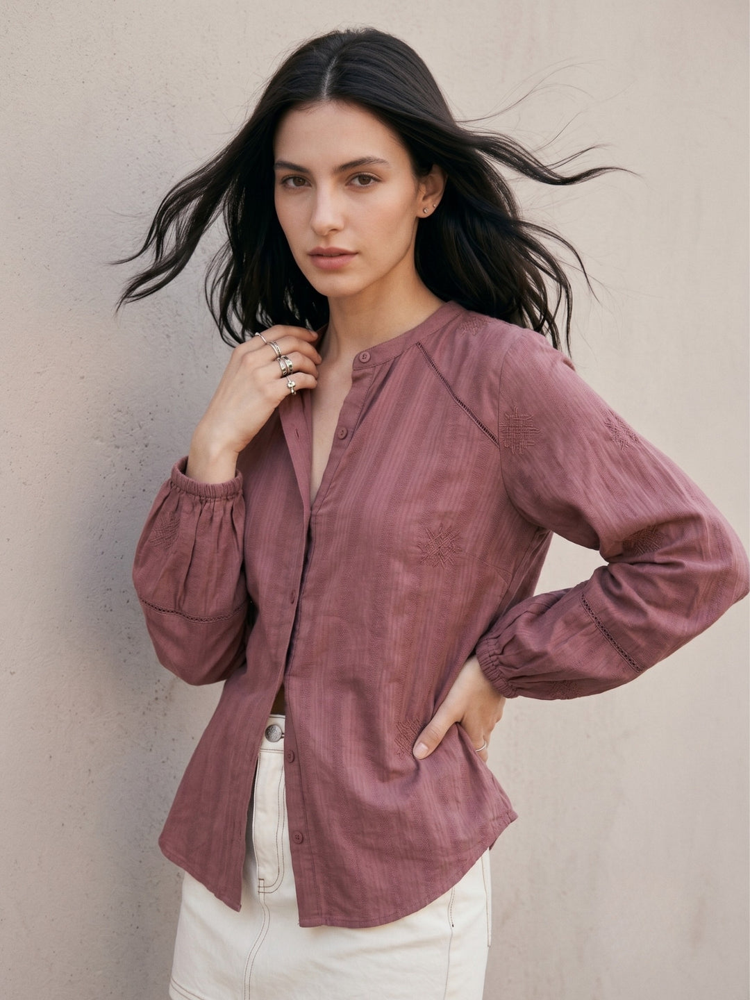 Purple Relaxed Fit Long Sleeves Embroidered Shirt