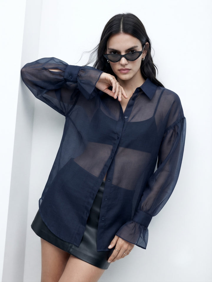 Navy Blue Flowy Shirt With Cupped Sleeves