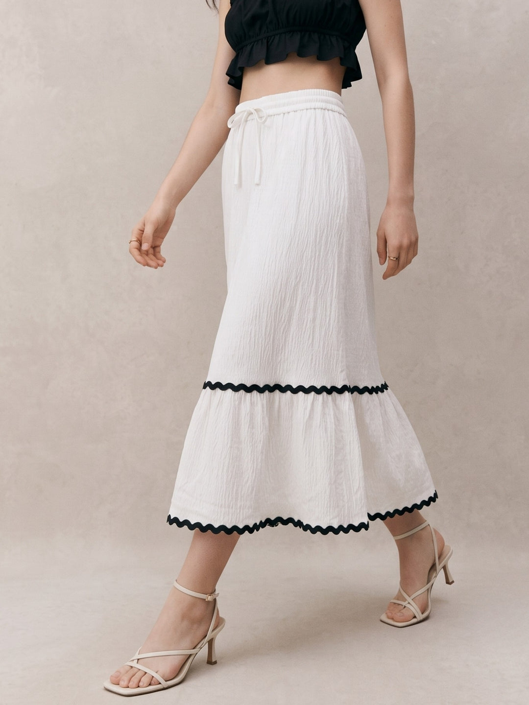 White A Line Midi Skirt With Lace Detail