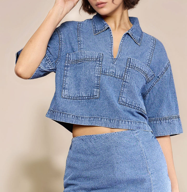 Blue Short Sleeve Collared Denim Top
