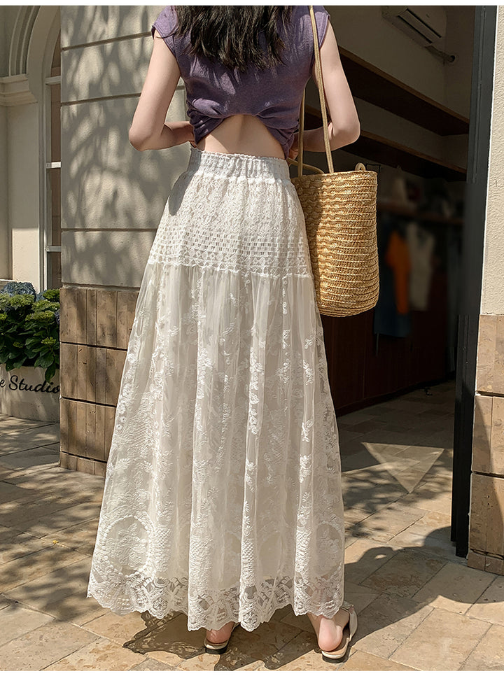 Cream Sheer Lace Long Skirt