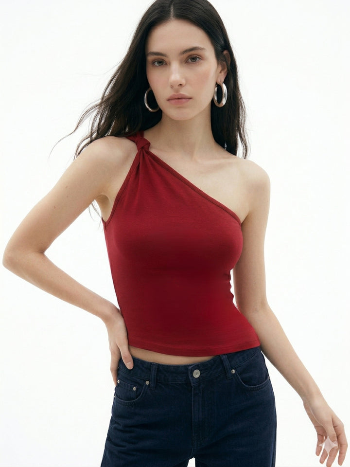 Maroon One Shoulder Twisted Strap Detail Tank