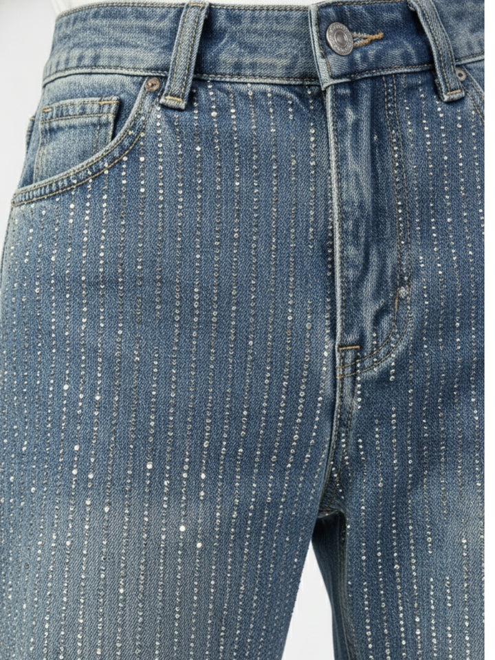 Blue High Waist Wide Leg Studded Jeans