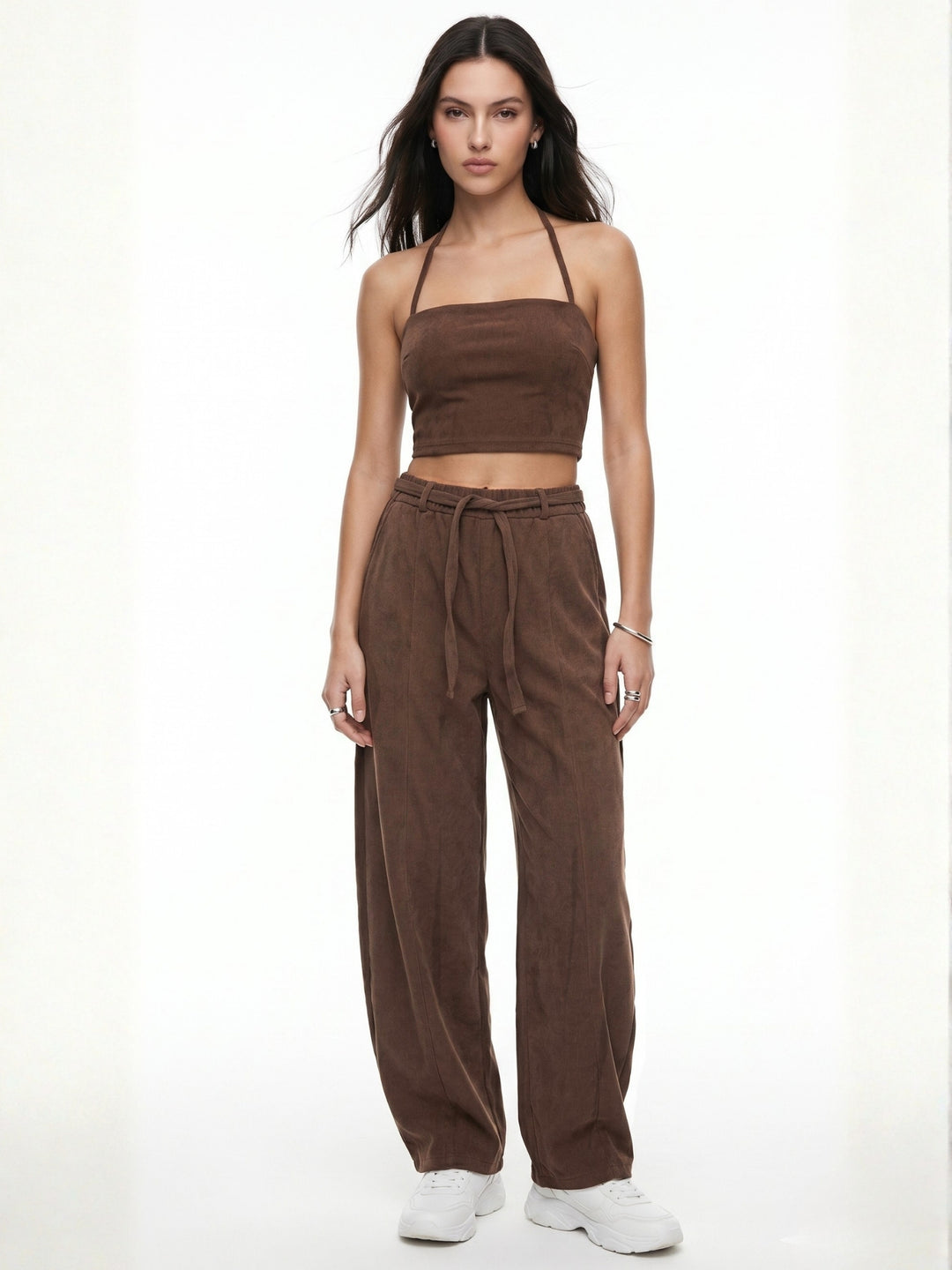 Brown High Waist Attached Drawstring Baggy Pant