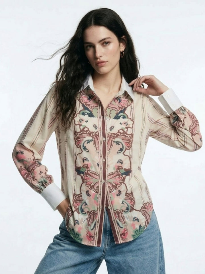 Cream Placement Printed Collared Button Down Shirt