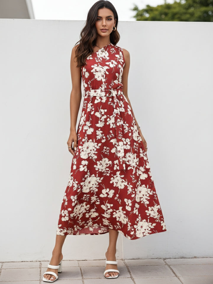 Red One Shoulder Printed Dress