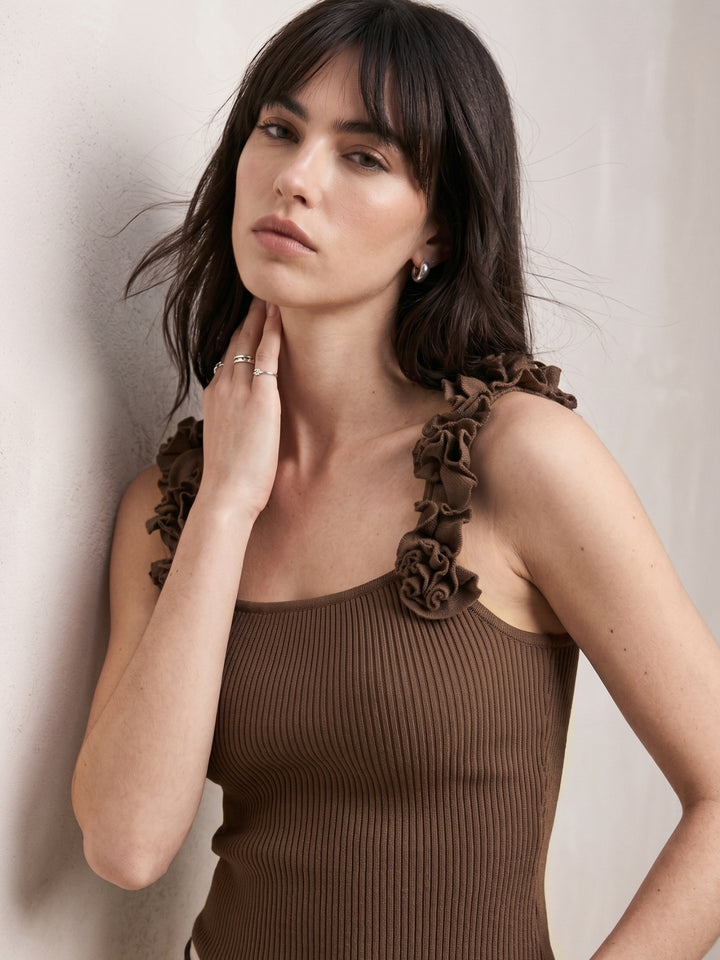 Brown Square Neck Ribbed Top With Floral Straps