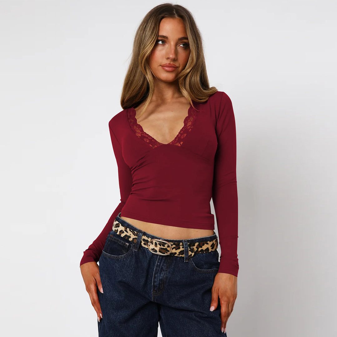 Wine Full Sleeve Lace Detail Fitted Top