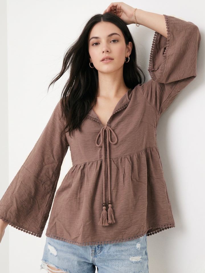 Brown Full Sleeve V Neck Relaxed Dress
