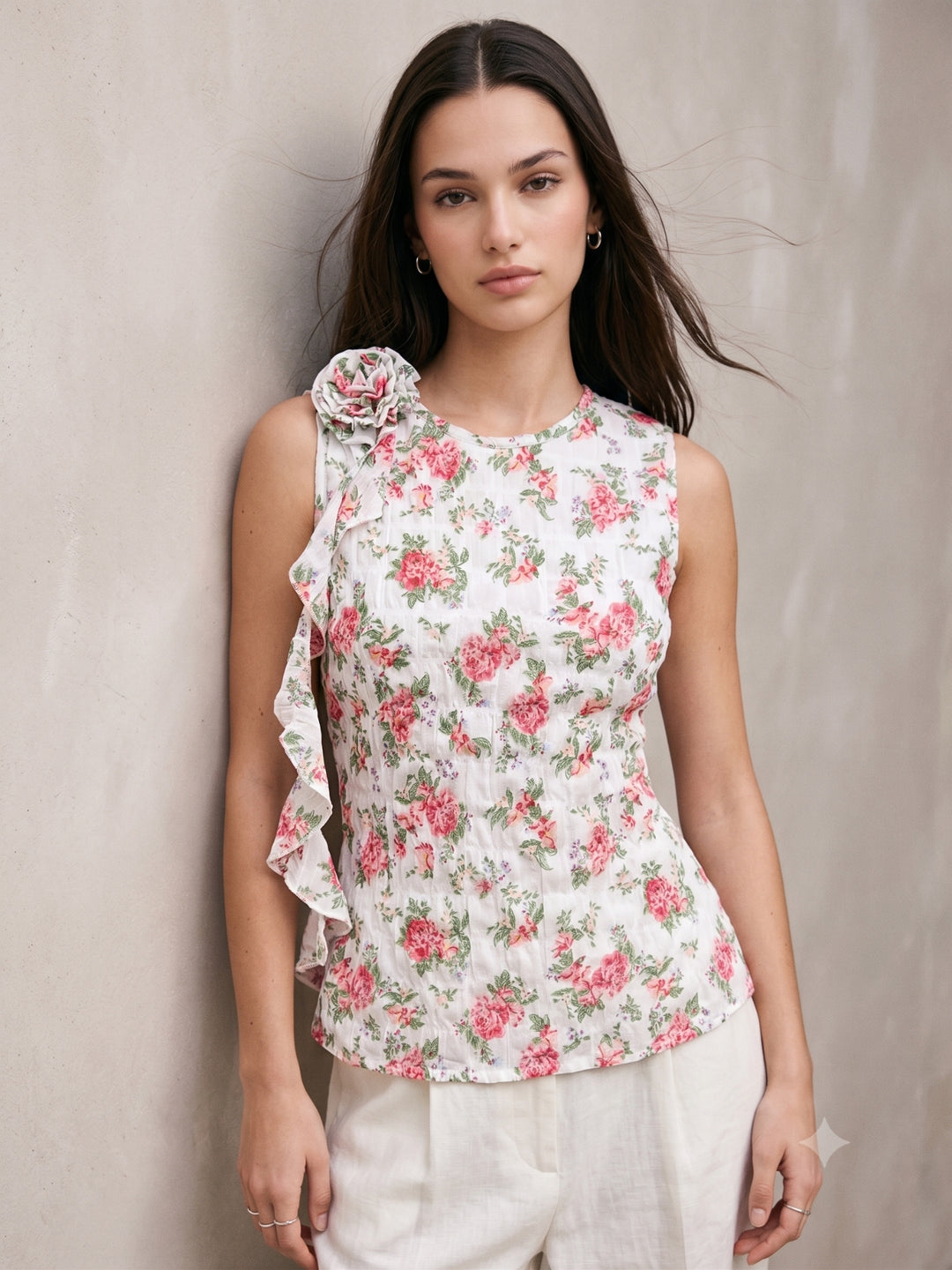 White Elegant Sleeveless Blouse With Ruffle And Corsage Detail