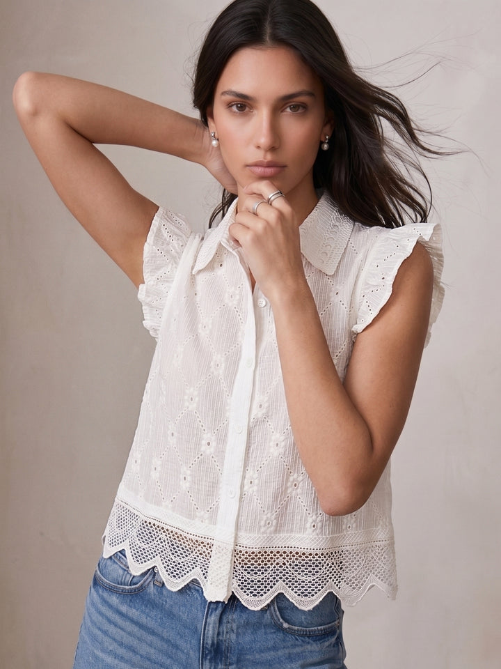 White Ruffle Sleeve Schiffli Top