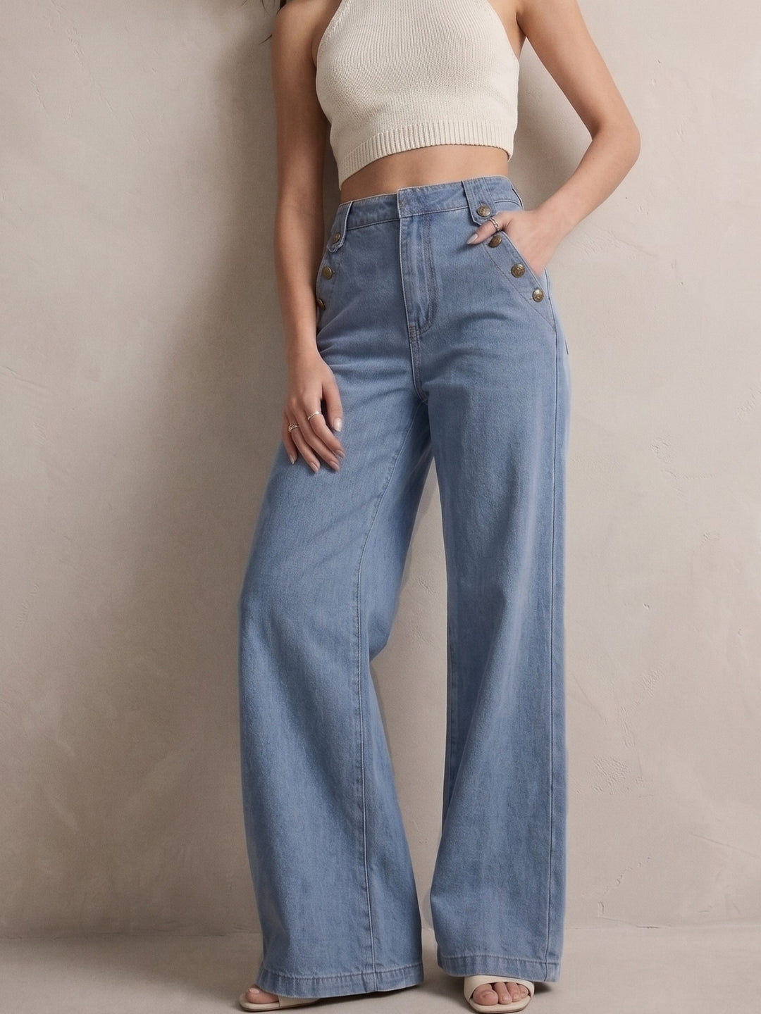 Blue Slant Buttoned Pocket Wide Leg Jeans
