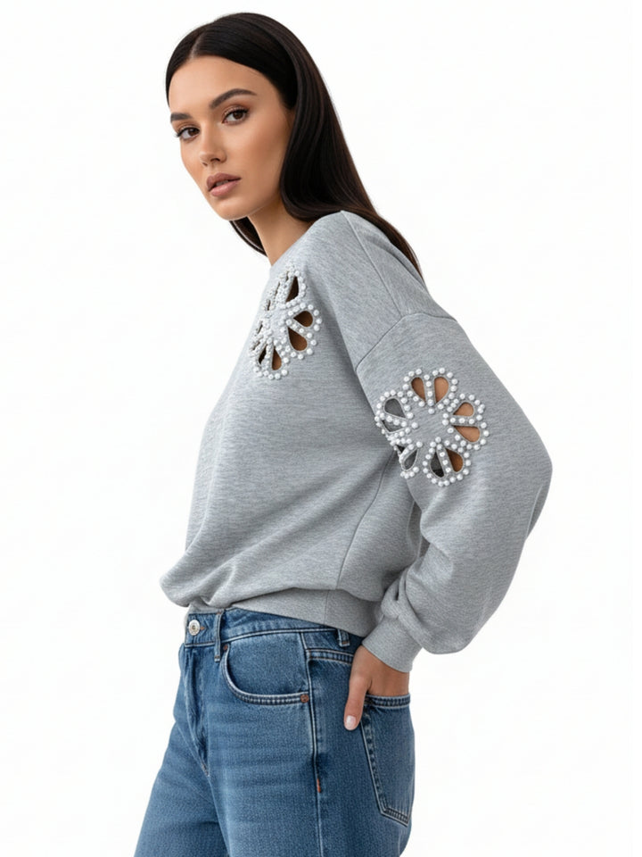 Grey Full Sleeve Flower Cut-Out Sweatshirt