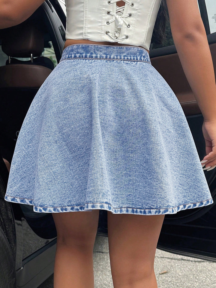 Blue Flared Button Up Denim Skirt