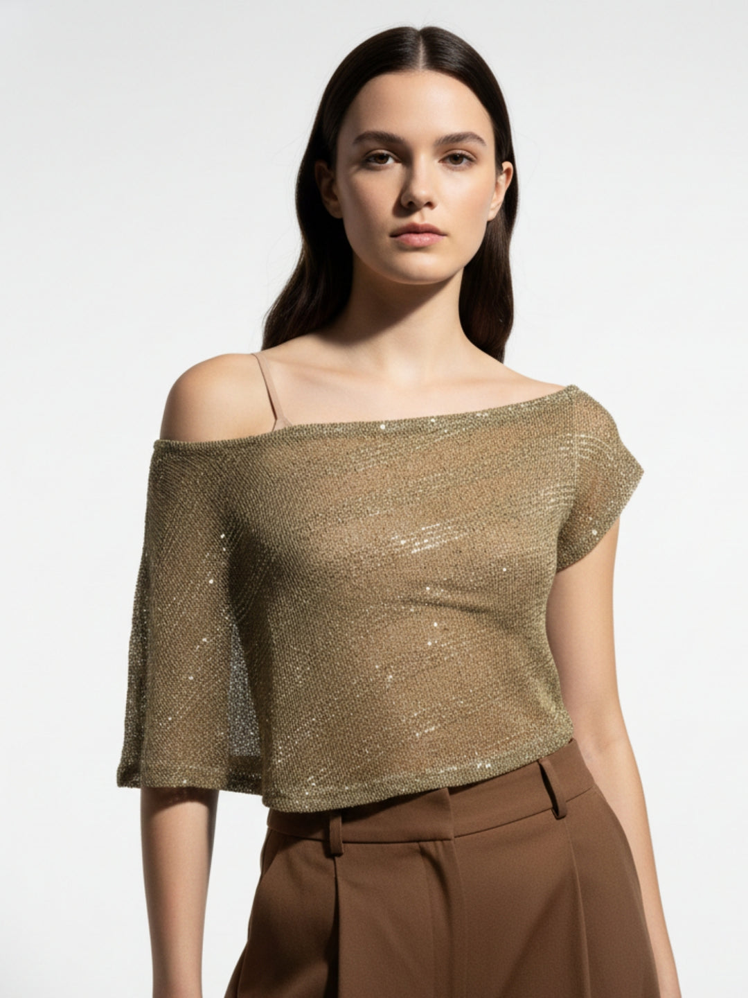 Beige Off-Shoulder Shimmer Sheer Top