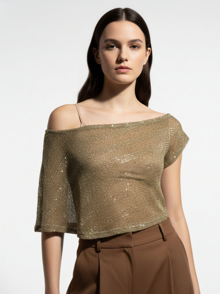 Beige Off-Shoulder Shimmer Sheer Top