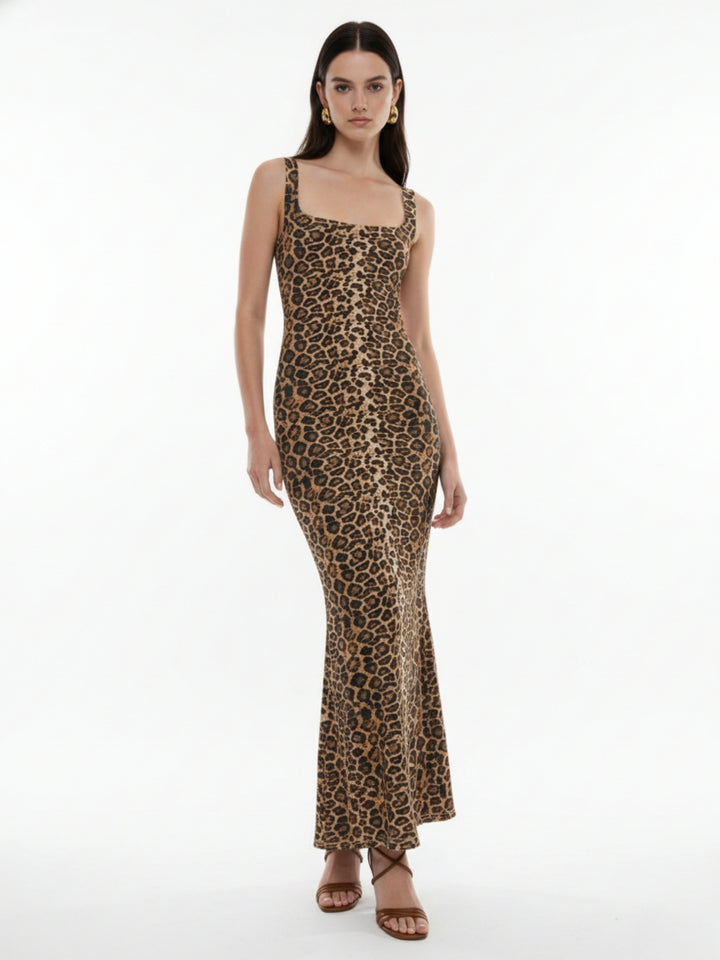 Brown Shoulder Strap Animal Print Dress