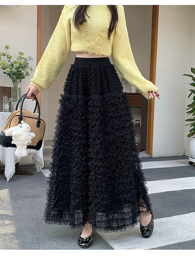 Black Textured A-Line Long Skirt