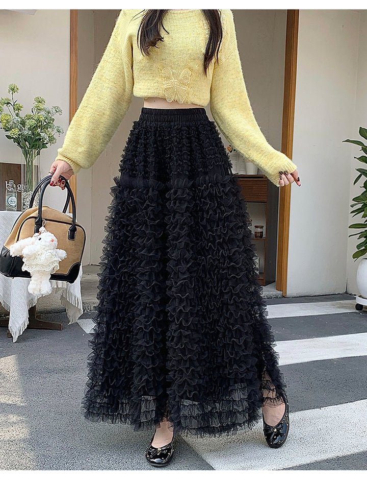Black Textured A-Line Long Skirt