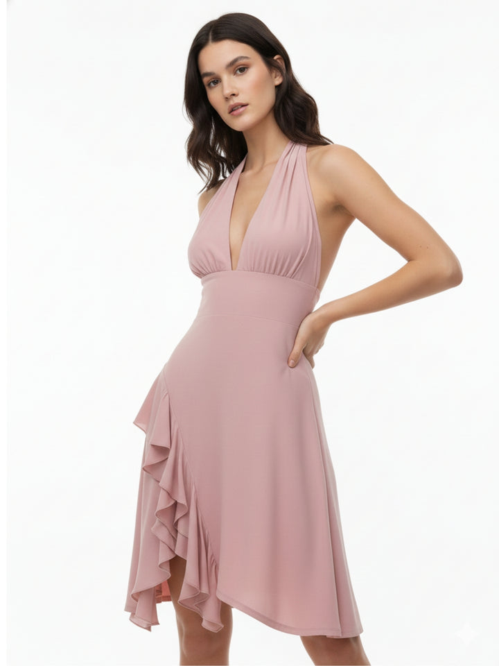 Pink Halter Neck Ruffle Detail Dress