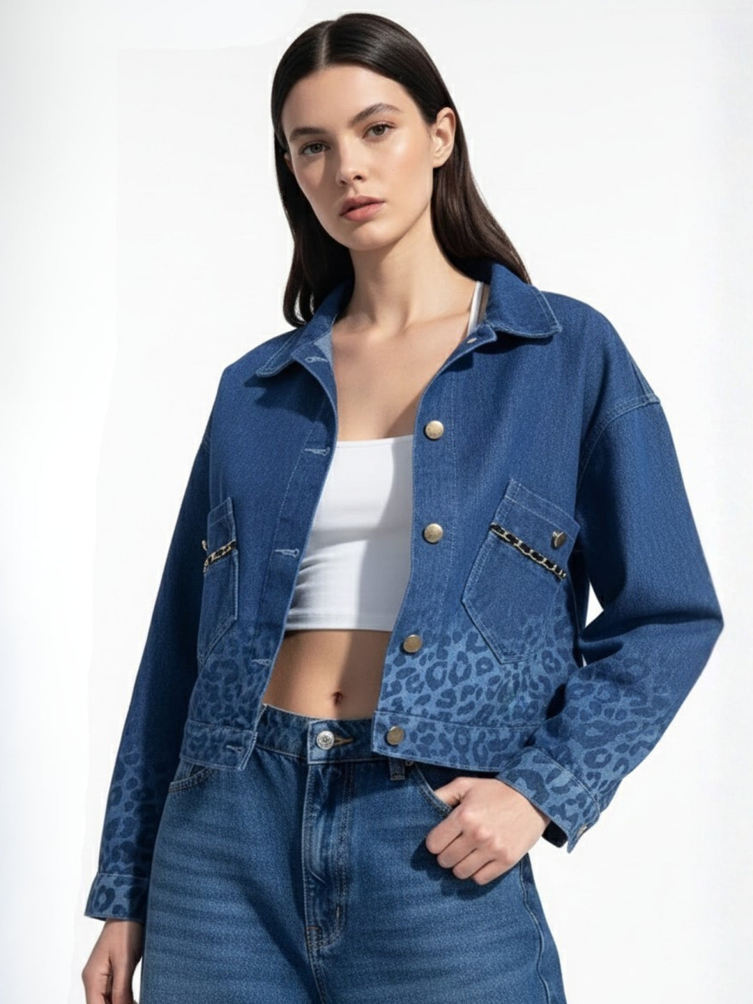 Navy Blue Printed Monochrome Denim Jacket