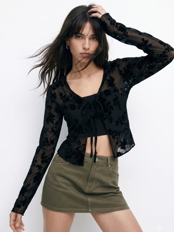 Black Printed Full Sleeve Tie-Up Top