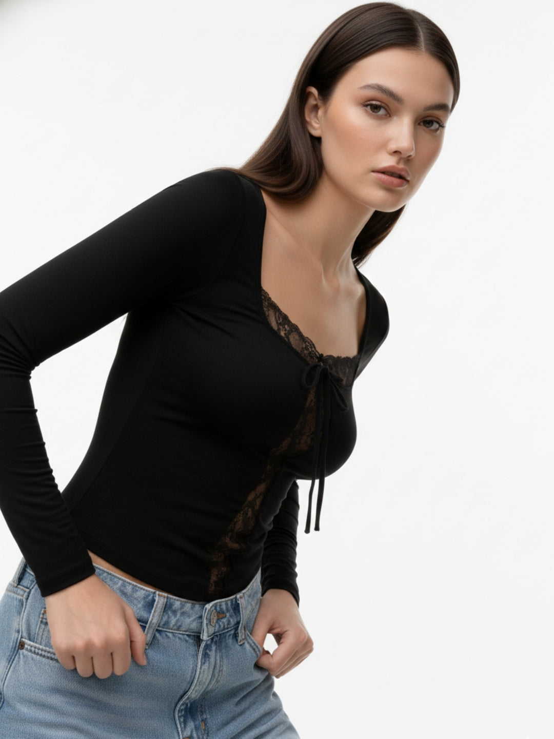 Black Full Sleeve Lace Detail Top