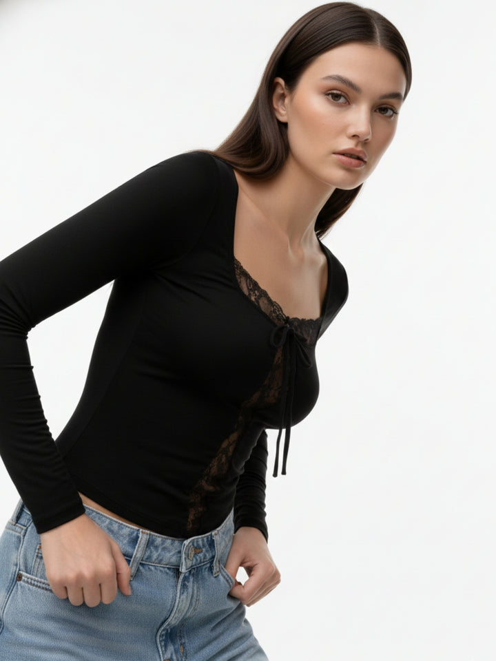 Black Full Sleeve Lace Detail Top
