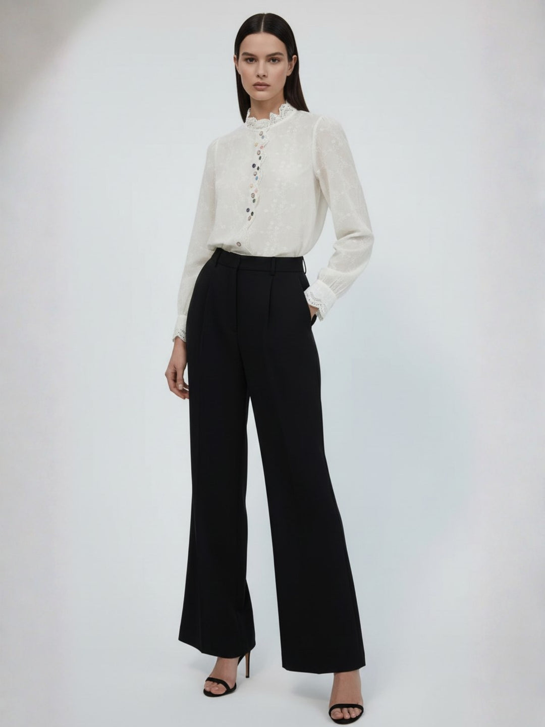 Off White Textured Ruffle Neckline Shirt