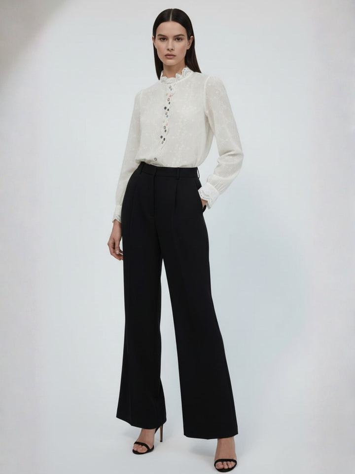 Off White Textured Ruffle Neckline Shirt
