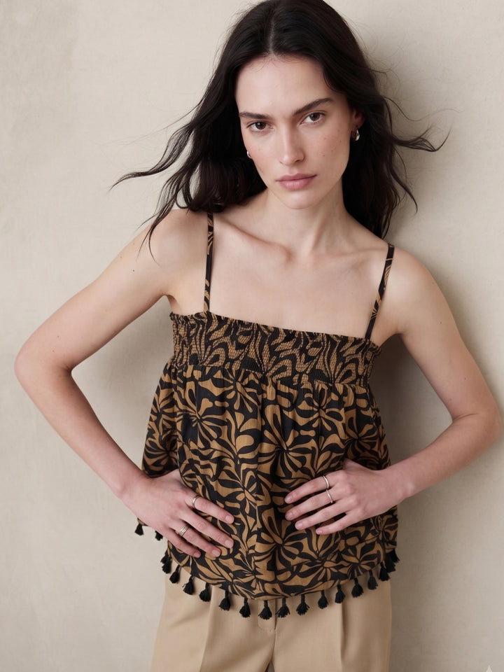 Brown Smocked Camisole With Tassles