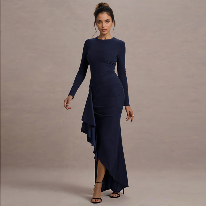 Navy Blue High Neck Fitted Dress With Side Ruffle Detail