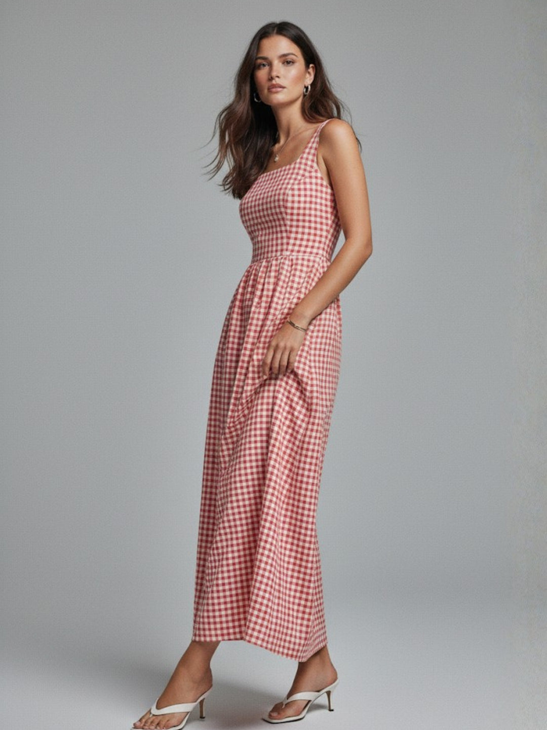 Red Striped Square Neck Cinched Waist Dress