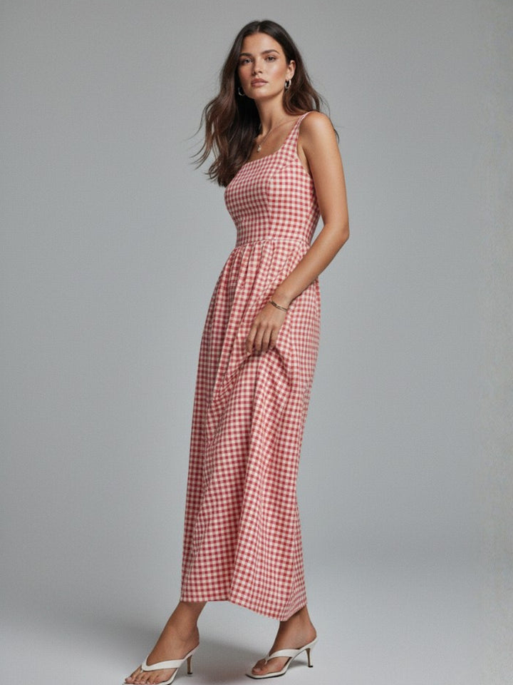 Red Striped Square Neck Cinched Waist Dress